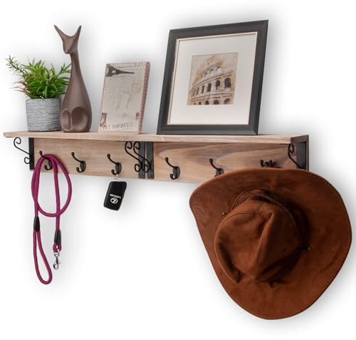 Spiretro Wall-Mounted Coat Hook Rack with Shelf - Set of 2 - Rustic Wood Grey - Entryway Mudroom Bathroom Organizer