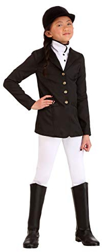 Girls Equestrian Halloween Costume | Kids Horse Rider Complete Outfit with Jacket, Pants, Jabot, Hat, & Boot Covers Small