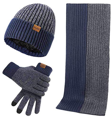 LumiSyne Winter 3 In 1 Scarf Hat Glove Set For Men Women Fashion Simple Two-Color Jacquard Touch Screen Gloves Knitted Beanie Hat Long Scarf Thickened Soft Wool