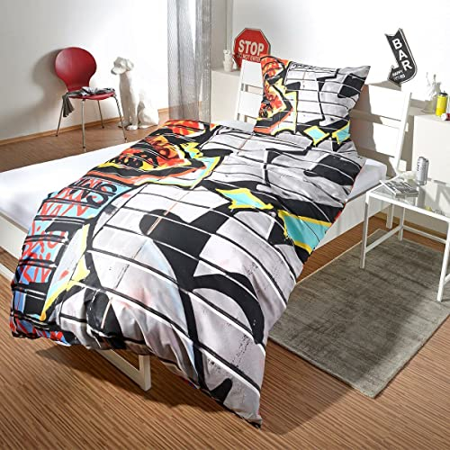 G BETTWARENSHOP Biber Bettwäsche Set Graffiti • mega Coole Bunte Jugendzimmer Bettwäsche NYC Street Art Design aus 100% Baumwolle mit Reißverschluss 155x220 cm + 80x80 cm