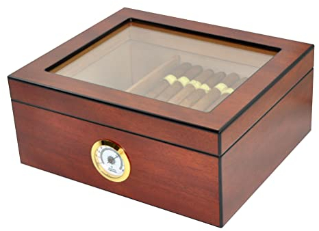 Eitida Humidor cave à cigares Contient de 25 à 50 cigares,Supérieur en verre trempé,Boîte de rangement en bois de cèdre espagnol Handcraft avec séparateur, Humidificateur et Hygromètre, Cerise Sapele.