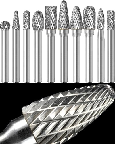 Sworker 10Pcs Carbide Burr Set 1/4 Shank w/Clear Box Max Head Dia 10mm Die Grinder Bits Rotary Tools Attachment Kit Rasp Accessories Metal Wood Stone Steel Grinding Deburring Cutting Porting Carving
