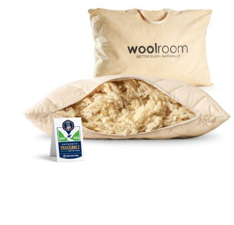 WOOLROOM Organic British Wool Pillow, Adjustable Firmness - Traceable Certified Hypoallergenic Cooling - Machine Washable Organic Cotton Cover 300tc - Standard Size Bed Pillow, 48x78 cm