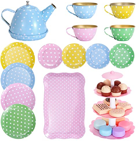 Teeservice Kinder Metall Tee Set Spielzeug mit Dessert,31pcs Kindergeschirr Spielküche, Party Rollenspiele Spielgeschirr für Kinder Kaffeeservice Küche Pretend Play