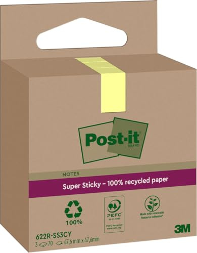 Post-it Superklibbiga 100% återvunna anteckningar, paket med 3 dynor, 70 ark per dyna, 47,6 mm x 47,6 mm, kanariegul – extra klisterlappar tillverkade av 100% återvunnet papper