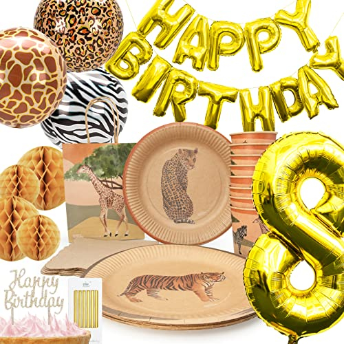 PARTY PARTY 62-teiliges Safari Geburtstagsparty Set 8. Geburtstag, Partygeschirr für 8 Gäste (Pappbecher, Pappteller, Servietten, Tüten, Ballons, Deko), Zootiere, Kindergeburtstag, Geburtstag, Party