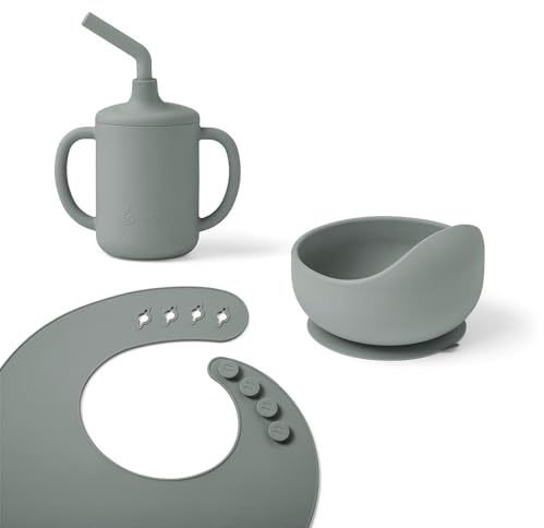 Ergobaby Bas barnservis för bebisar och småbarn från 6 månader, barnservis med kopp, skål och haklapp, BPA, PVC och ftalater, Sage Green