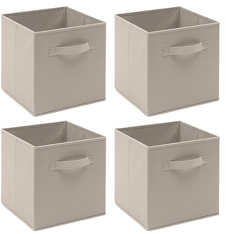 4 PCS Folding Collapsible Storage Cube Boxes for Kids Toy Clothes with Handle, Foldable Kids Canvas Unit Cube Organiser Basket Bin for Nursery Children Bedroom Wardrobe (Pack of 4, Beige)