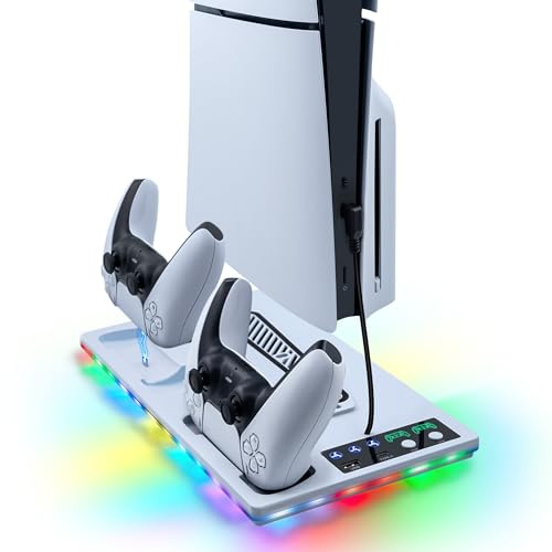 Wigearss Vertikalt stativ för PS5/PS5 Slim med kylfläktar, multifunktionell med RGB-ljus, styrenhetsladdare och Type-C och USB-port, kompatibel med PS5 Digital/Disc Edition