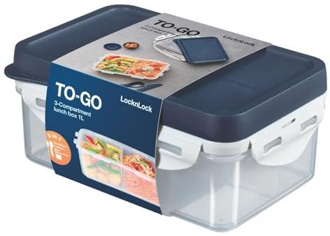 LocknLock TO GO Lunchbox mit Fächern 1L, Bento Box Erwachsene mit 3 Fächern, Messer & Gabel & Saucenbecher, luft- und wasserdichte Meal Prep Box, Spülmaschinen-& Mikrowellengeeignet, BPA-Frei