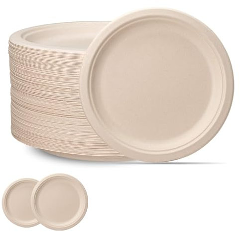 100 Assiettes en Carton Kraft,7 Pouces assiettes en bagasse Biodégradable,Compostable Vaisselle Jetable Canne à Sucre assiettes en Papier pour Fêtes,Pique-niques,Maison les Aliments Chauds et Froids