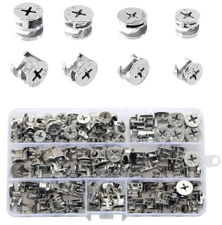 120 Pcs Furniture Connector Cam Lock, Eleechen M15 M12 Eccentric Cam Locks Fixings Kit, 4 Types(13.5/11.5/10/9.5mm), Furniture Connecter Nuts for Drawer Cabinet Wardrobe Panel, Boxed
