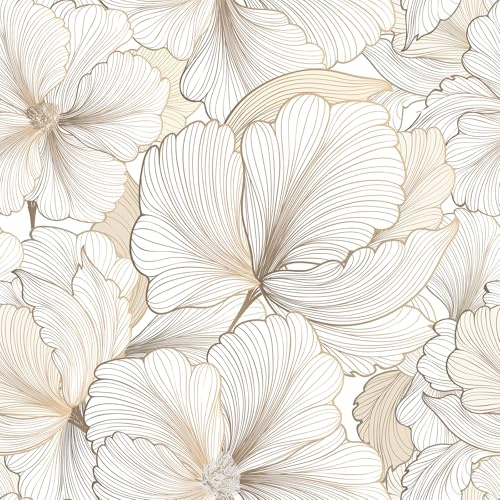FunStick 44.5CMx9M Papier Peint Autocollant Fleur Feuillage Ginkgo Papier Adhesif pour Meuble Blanc et Or Rouleau Adhesif Mural Decoratif Chambre Fleuri Hibiscus Blanc Beige Doré Papiers Peints Salon