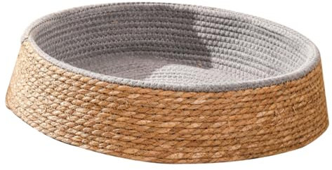 Yardwe Pet Sleeping Bed Breathable Round Shape Dog and Cat House Mat Handmade Woven Cushion Soft and Small for Puppies and Kittens Light Brown