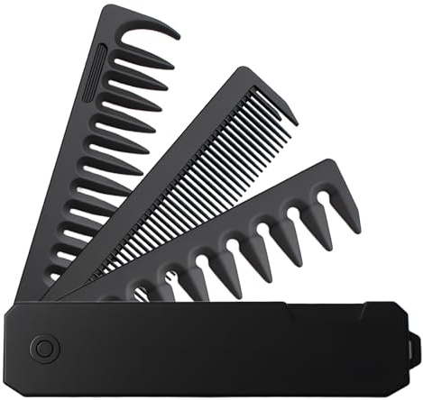 Peine Bolsillo Plegable 3 en 1 para Hombres, Peine Plegable Portátil para Hombre, Peines Viaje Portátil Dientes Finos y Dientes Anchos Peines Diseño Abatible para Viajar(Negro)