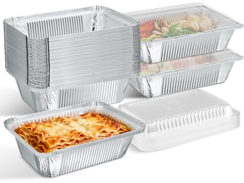 Lideropa Small Aluminum Pans with Clear Lids (50-Pack, 8.5×6) – 2.25LB Tin Foil Pans with Lids, Disposable Aluminum Food Containers with Lids for Take-out, Meal Prep, Food Storage & To-Go