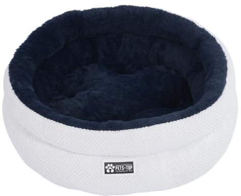 One PETS-TOP Round Fluffy Cat Bed, Soft Cat Cushion, Sleeping Place for Cats and Small Dogs, Washable, Non-Slip (Blue and White, 50 cm)