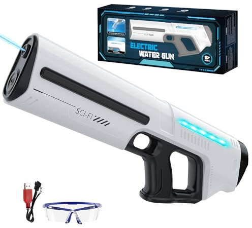 Skirfy Pistola de agua eléctrica para niños y adultos, juguete de pulverización con batería con tanque, luz LED, absorción automática de agua, juego de verano en la playa al aire libre
