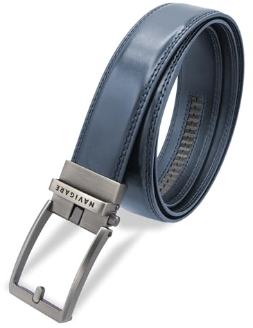 Navigare SET REGALO Cintura In Pelle Con Fibbia Automatica - Regolazione Senza Fori - Confezione Elegante, Ideale Regalo Per Uomo, Perfetta Per Look Casual, Formali (BLU)