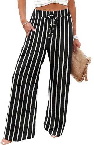 JZC Women Summer Pants Drawstring High Waisted Wide Leg Pants Flowy Travel Pants for Women 2026 Vacation Stripes M