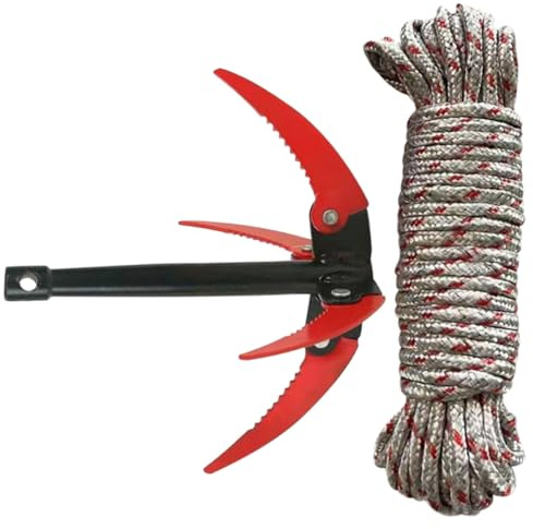 DEARMAMY Outil de Nettoyage pour Bassin Extérieur en Acier Inoxydable, Râteau à Dents Pliable 4 Pointes, Outil Coupe-Herbe Corde 10 M pour Enlever Herbes Aquatiques et Couleur Aléatoire