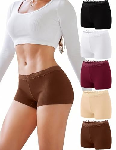 Briyat Shorty Femme, Maille Côtelée Douce, Ceinture en Dentelle Florale | S-3XL Boxer Femme Coton, Caleçon Court Femme, 95 % Coton, 5 % Élasthanne, Entrejambe 100 % Coton, Dos Couvrant, Lot De 5