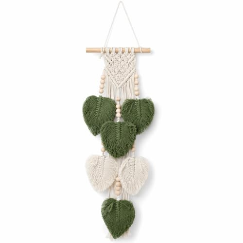 Makramé, vägghängande boho-dekoration med blad och träpärlor, 20 x 63 cm grön/vit