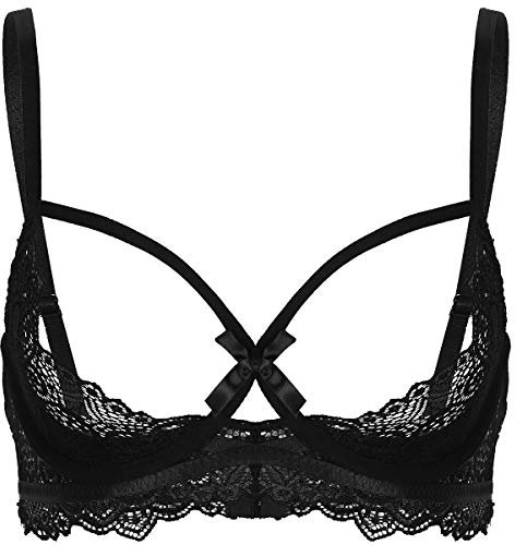 TiaoBug Women See Through Sheer Lace Bra Nipple Open Bralette Half Cups Underwired Bra Tops Black XL