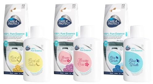 CARE+PROTECT 3 Laundry Scents 100% Pure Essence, Blue Wash + Mousse Rose + Fiori di Talco, Laundry Scenters for Washing Machine, Active Formula Long Lasting, up to 5 weeks, (3x100ml)