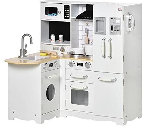 HOMCOM Cucina Giocattolo per Bambini 3-6 Anni in Legno con Suoni, 14 Accessori, Forno, Lavandino e Frigo, 82x65x87cm, Bianco