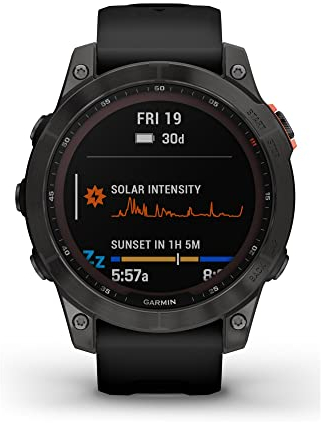 Garmin fenix 7 Solar, adventure smartwatch, with Solar Charging Capabilities, rugged outdoor watch with GPS, touchscreen, health and wellness features, slate gray with black band