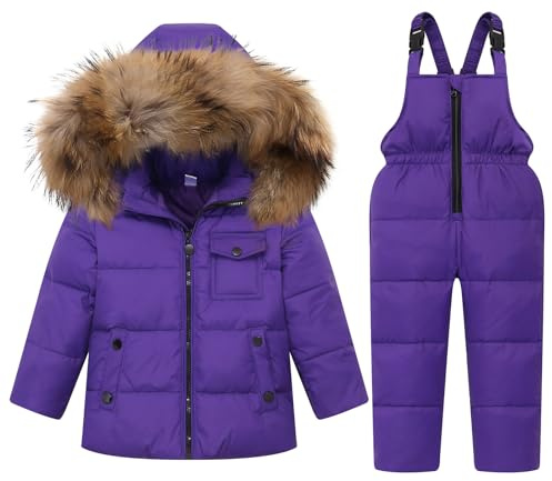 Set di abbigliamento invernale per bambini con tuta da neve in piuma con cappuccio + pantaloni da neve, giacca invernale e pantaloni in piuma 2 pezzi, per ragazzi e ragazze, viola, 6-7 anni