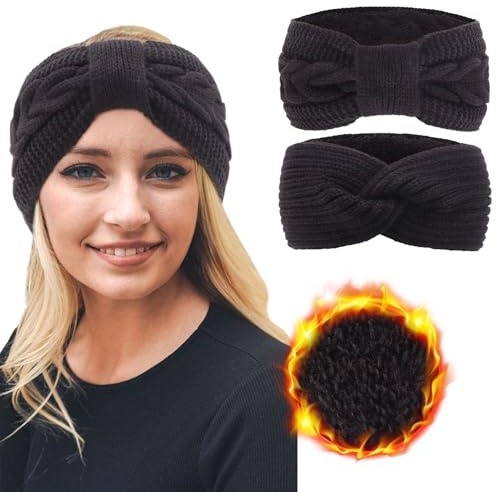 DRESHOW Women Warm Knitted Headband Winter Ear Warmer Crochet Head Wraps Thick Fleece Lining Hair Bands