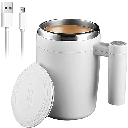 Selbstrührende Tasse: 380 ml Elektrischer Kaffeebecher Automatische magnetische Rührtasse Edelstahltasse mit Deckel Mischbecher Rührkaffeetasse für Milch, Kakao, Kaffee, Tee, Saft (Weiß)
