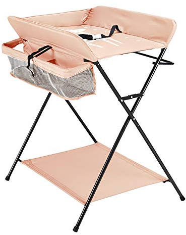 Klappbare Baby Wickelkommode, Wickeltisch mit Ablageflächern, Kissen mit Höhenskala, Breiter Wickeltisch 31.5 * 24.8 Zoll,Sicherheitsgurt und Ablagefächern und Höhenlineal (Khaki)