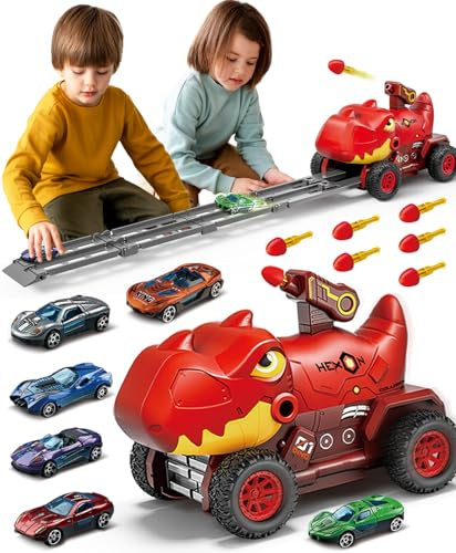 BunnyJOY Spielzeugautos Set Jungen Kinder 3-6 Jahre mit Rennbahn, Auto Spielzeug, Monster Truck & Dinosaurier, Autotransporter Fahrzeug, Geschenk für Jungen (Rot)