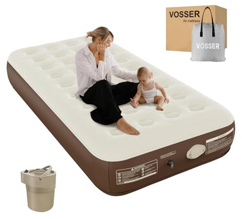 VOSSER Einzel-Luftmatratze mit integrierter Pumpe, 25,4 cm hohe Luftmatratze mit kabelloser Pumpe, Luftmatratze mit beflockter Oberseite, verbessertes Luftbett für zu Hause,