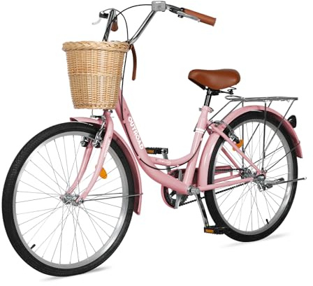 Betterland Beach Cruiser Bike for Women, 24/26 Inch Female Commute Bike with Basket, Womens Bike with Dual V-Brake, Adjustable Seat (Pink)
