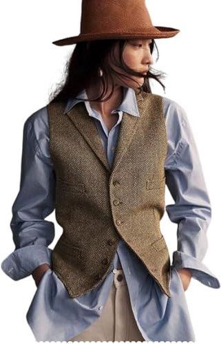 DRAHANCE Womens Herringbone Tweed Waistcoat Lapel Sleeveless Blazers V Neck Work Office Suit Vests Khaki