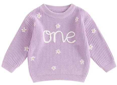 Geagodelia Toddler Baby Girl 1st Birthday Sweater Long Sleeve Knitted Sweatshirt Pullovers Floral Letter Embroidery Knit Jumpers Tops Chunky Knitwear Winter Warm Clothes Outfits (Purple, 9-12 Months)