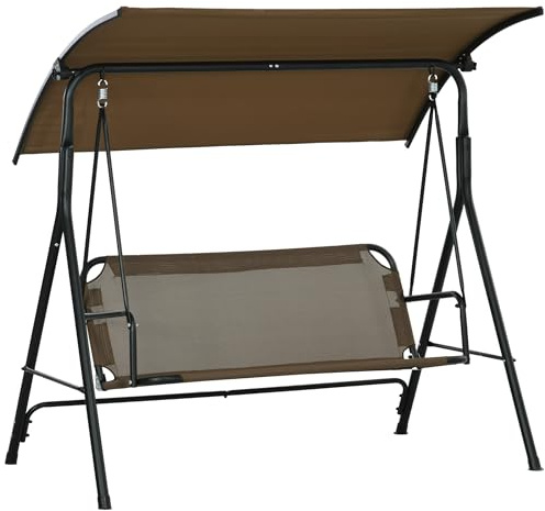 Outsunny Dondolo da Giardino 3 Posti con Tettuccio Parasole Regolabile, Dondolo da Esterno con Seduta Traspirante in Texteline e Metallo, Portata Fino a 240 kg, 172x110x153 cm, Marrone e Nero