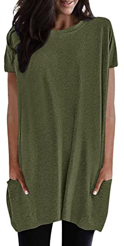 Maglietta lunga da donna, casual, per leggings, a maniche corte, estiva, oversize, scollo rotondo, con tasche, tinta unita, a tunica, casual, elegante felpa