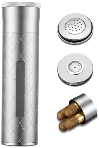 CIGARLOONG Cigar Tube Aluminum,Airtight Travel Humidor with Hygrometer and Humidifier, Cigar Case Holds 3-4 Cigars (Check Silver)