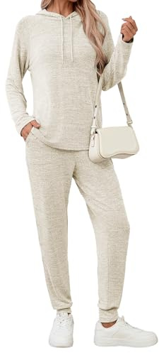 Famulily 2 Piece Womens Tracksuit Sets Casual Long Sleeve Top with Hood Going Out Jogger Pants Ladies Lounge Set Beige S