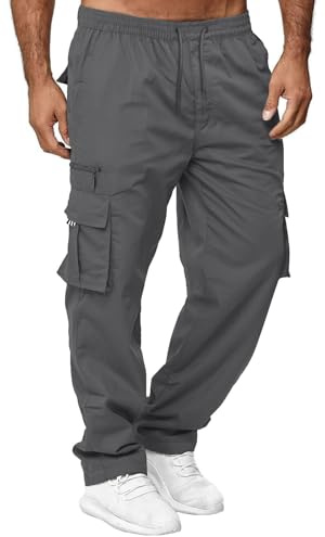 Pantaloni cargo da uomo elasticizzati in vita, da lavoro, dritti, con tasche per attività all'aperto, Grigio, 4XL