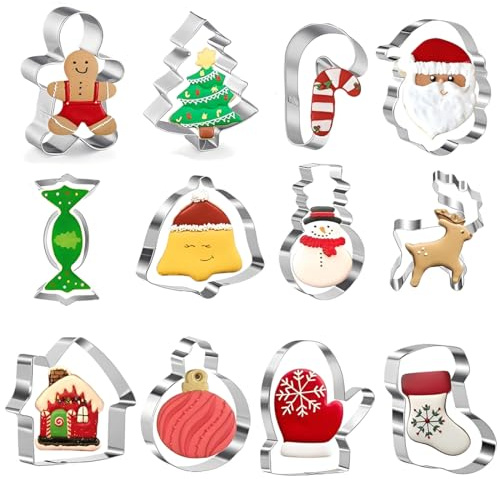 KEWUF 12 Piezas Cortapastas Navidad, Moldes Galletas Navidad, Moldes Para Galletas, Acero Inoxidable, Cortadores De Galletas De Navidad, Papá Noel, Árbol De Navidad, Hornear Galletas, Fondant, Pastel