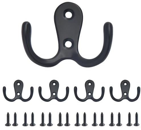 SZWLJ 5 pièces de Patère Murale double Noire, Patere Porte Manteau en métal à double branche fixée au mur avec des vis, Crochet Manteau utilisable dans la chambre et la salle de bains