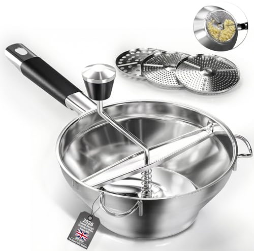 Stainless Steel Food Mill with 3 Milling Discs, Hand Crank Grinder for Baby Food,Ergonomic Rotary Design for Tomato Sauce & Mashed Potatoes, Easy to Clean & Durable Quality (Silver K)