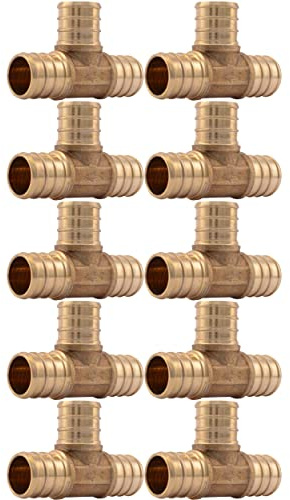 SharkBite 3/4 Inch Crimp Tee, Pack of 10, Brass Plumbing Fitting, PEX Pipe, PE-RT, UC370LFA10