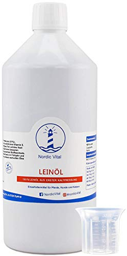 Leinöl 100% frisch - 1 Liter in Premiumqualität für Pferde, Hunde, Katzen - Leinsamenöl Kaltgepresst perfekt zum Barfen - inkl. Dosierkappe
